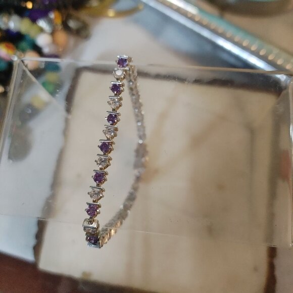 Sterling Silver CZ Bracelet 7 Inches Tennis  Sparkling Purple Clear Stonesn Gift - Picture 7 of 12